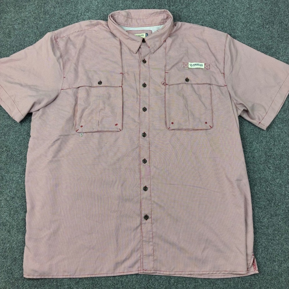Magellan Outdoors Fish Gear Shirt Mens 2XL Red White Gingham Vented Fishing S/S